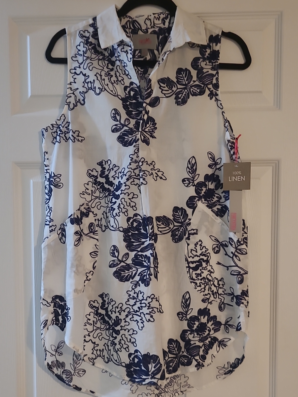 For Cynthia Sleeveless White Linen Tunic with Navy Floral Print